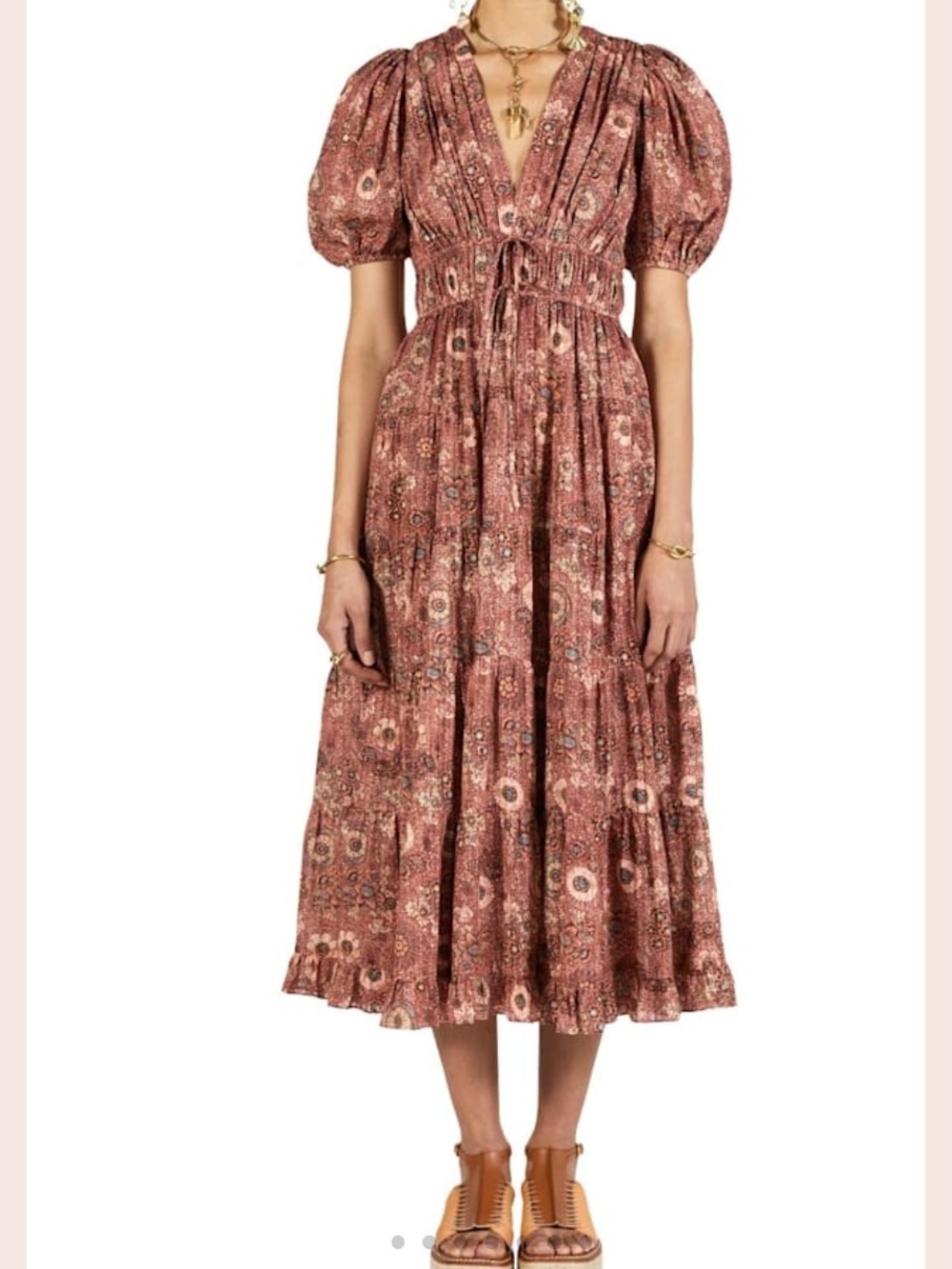 Ulla Johnson Rust Floral Puff-Sleeve Midi Dress